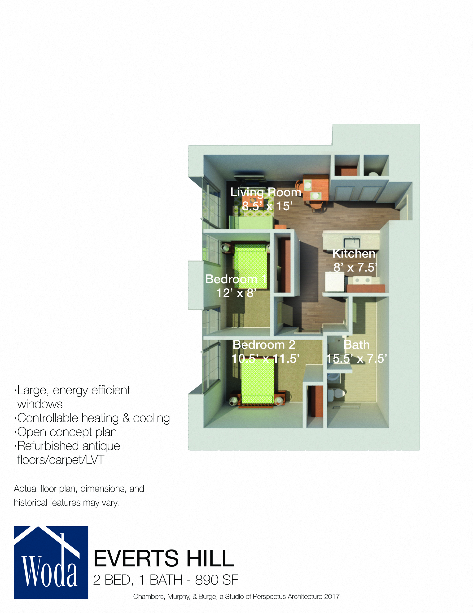 Floor plan for 2 beds, 1 bath, 935 sqft
